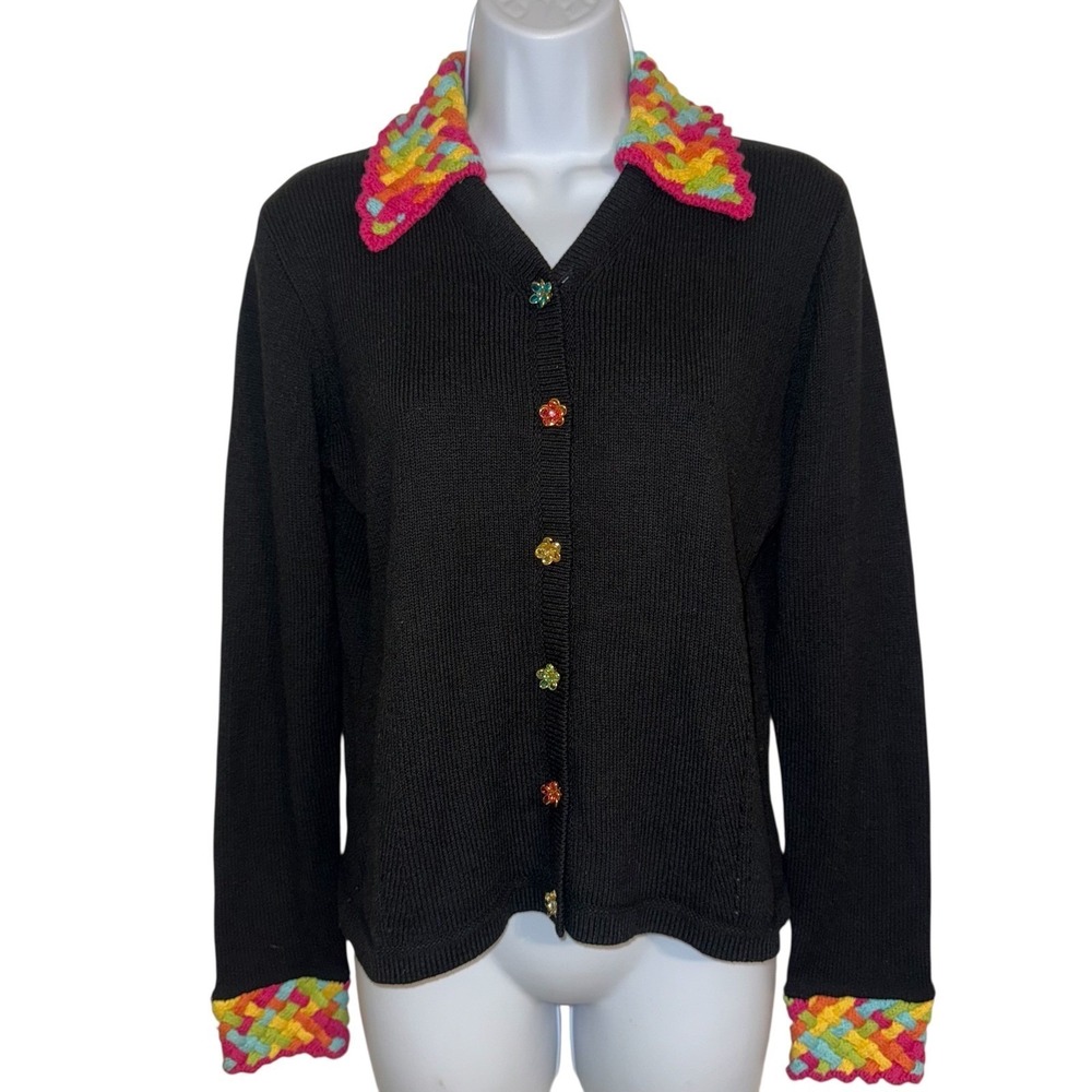 CACHE VINTAGE Black Rainbow Crochet Collar Cuffs Jeweled Buttons Sweater Small‎ - Picture 2 of 8